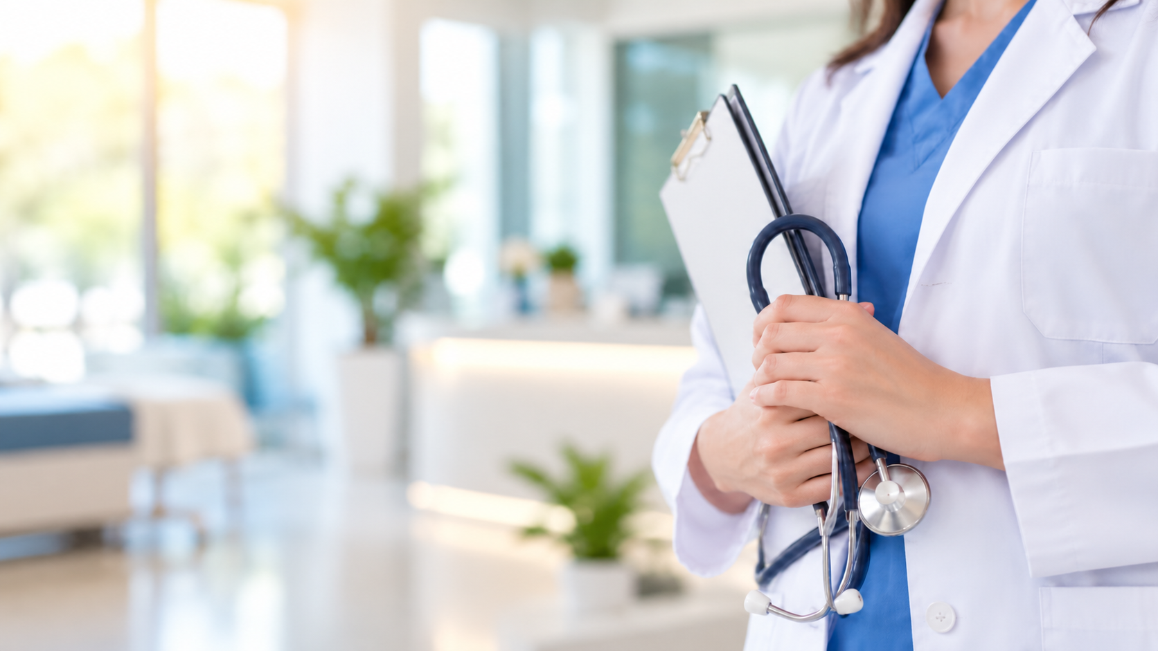 Illustrative doctor holding a stethoscope in a bright clinic