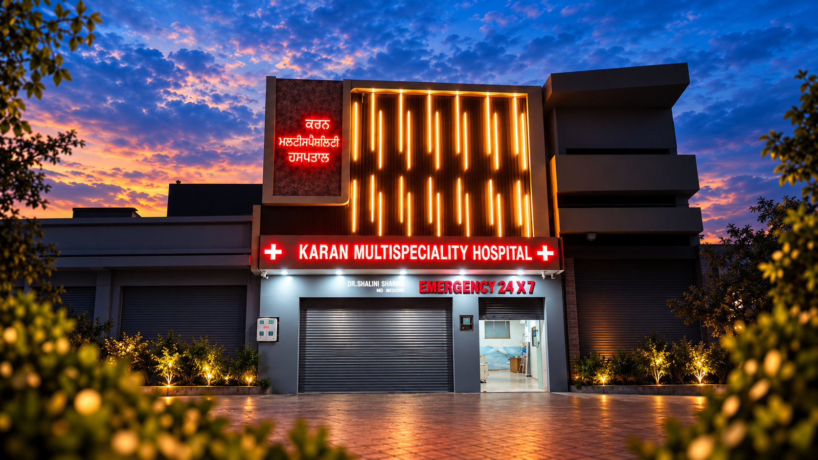 Karan Multispeciality Hospital building at twilight