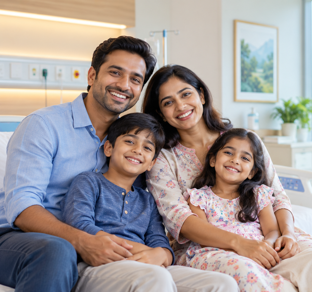 Illustrative family together in a hospital room