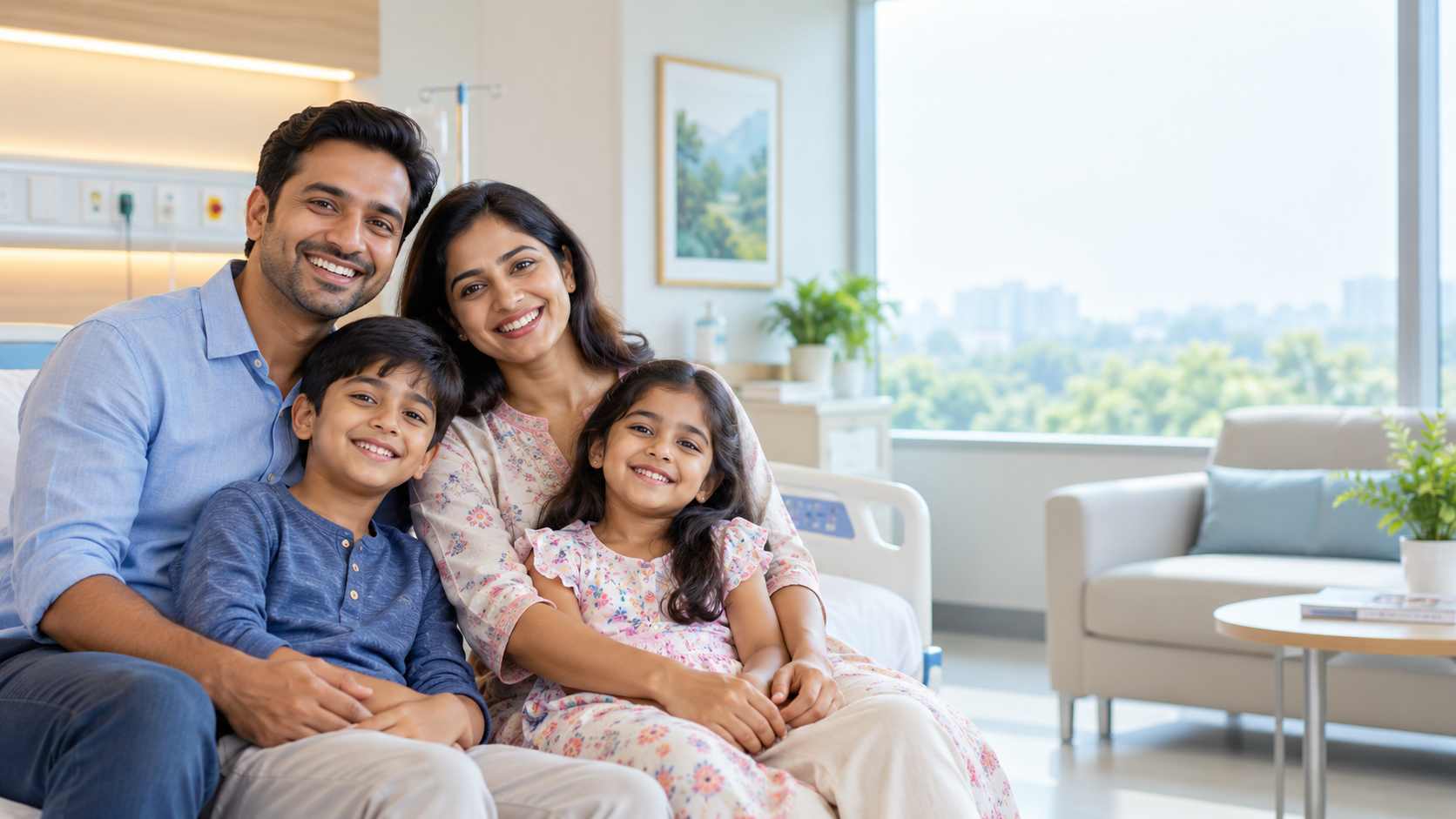 Illustrative family in a bright hospital room