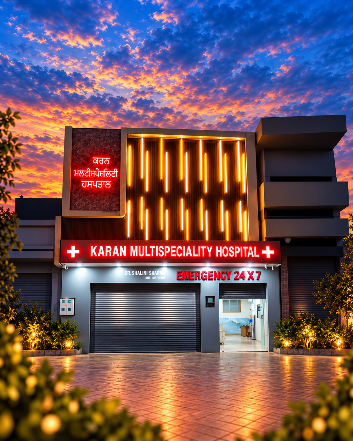 Twilight facade of Karan Multispeciality Hospital in Barnala